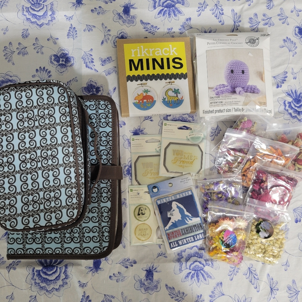 16 pc Craft Lot Carry Cases, Crochet and Embroidery Kit, Dried Flowers, Tags.